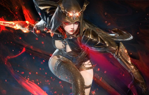 手拿红色宝剑，身着金色紧身比基尼盔甲，身材姣好的性感动漫女剑客桌面壁纸图片
