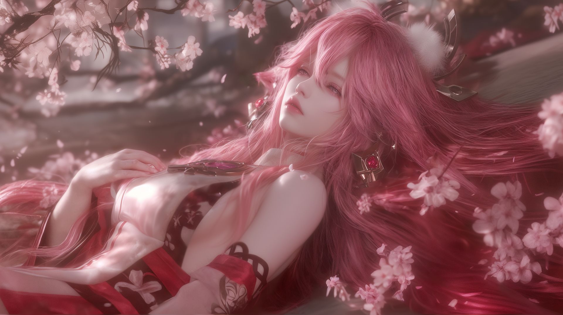 君若有心，风绕樱花。#原神 #八重神子 #电脑壁纸